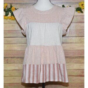 Entro Beige & Pink Cap Sleeve Tiered Blouse Top Size S Striped Polka Dots Cute